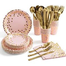 Party Supplies Pink and Gold Party Supplies Disposable Dinnerware Set Serves 25 Gold Dots on Pink Paper Plates Cups and Napkins, Gold Plastic Knives Spoons Forks for Baby Shower Wedding Party Bridal Shower