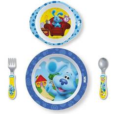 Nuk 4 Piece Blue's Clues Kids Dinnerware Bundle, Plate, Bowl, Utensils Assorted Pre-Pack 4 Piece