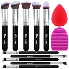 Makeup brush set BEAKEY Makeup Brushes Premium Synthetic Foundation Face Brush Eyeshadow Kabuki Blush Brush Kit, Makeup Brush Set with Makeup Sponge and Brush Cleaner (10 2pcs, Black/Silver)