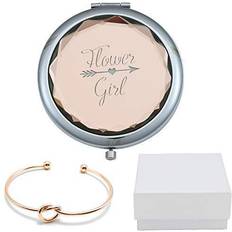 Cosmetics Flower Girl Champagne Compact Pocket Makeup Mirror with Rose Gold Knot Bracelet and Gift Box for Wedding Proposal Gift