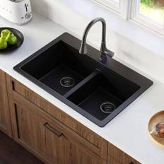 Drainboard Sinks Karran Black Quartz 50/50 Double Bowl Composite