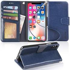 Wallet Cases Arae Case for iPhone X/Xs, Premium PU Leather Wallet Case [Wrist Straps] Flip Folio [Kickstand Feature] with ID&Credit Card Pockets for iPhone X (2017) Xs (2018) 5.8 inch (not for Xr) Blue