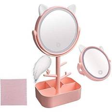 Vanity Mirror with Lights & Desk Mirror Lights Touch-Screen Light Control Portable High Definition Cosmetic Lighted Up Mirror with USB Port in 360 Degree Rotation(Pink)