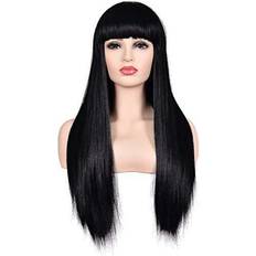 Morvally Women s 26 Long Straight Black Synthetic Hair Wigs with Bangs Natural Looking Wig