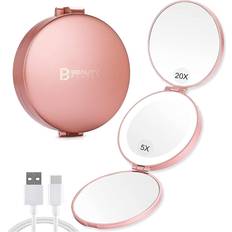 Cosmetics 20X Magnifying Mirror with Light, 20X/5X/1X Travel Lighted Makeup Mirror,Portable LED Compact Mirror,Handheld Folding Rechargeable Ring Light Mirror(4inches, Rose Gold)