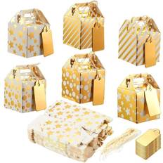 36 Pack Mini Gold Treat Boxes for Wedding, Tiny 2x2x2 Favor Boxes with Tags and String (3 Patterns) Gold