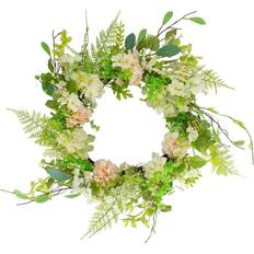 Pink Artificial Plants Northlight 28" Green & Pink Hydrangea & Fern Spring Floral Berry Wreath Artificial Plant