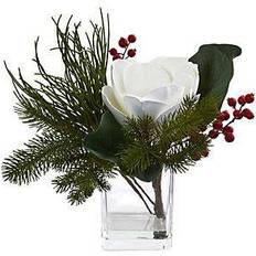 Red Artificial Plants Nearly Natural 13" Magnolia, Berries & Pine Arrangement Artificial Plant