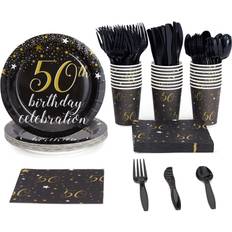 Birthdays Paper Napkins 144 Pieces 50th Birthday Party Supplies with Paper Plates, Napkins, Cups, Cutlery (Black, Gold, Serves 24)