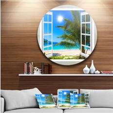 Decorative Items Designart 'Window Open To Beach With Palm' Extra Large Seashore Metal Circle Wall Art