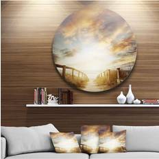 Decorative Items Designart 'Walkway Leading To Beach Scene' Sea Bridge Metal Circle Wall Art Figurine