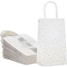 Sparkle and Bash 25 Pack White and Gold Polka Dots Paper Gift Bags with Handles 9 x 5 x 3 in