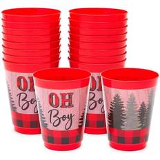 16 Pack Oh Boy Buffalo Plaid Plastic Cups for Lumberjack Party Decorations Baby Shower Birthday Party Supplies (16 oz)