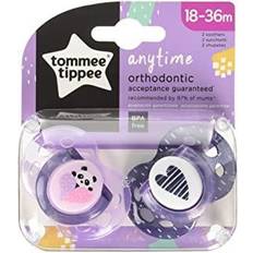 Tommee Tippee Anytime lugnande sugare, symmetrisk tallanpassad form, BPA-fri silikon, 18–36 m, 2 stycken, flerfärgad