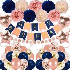 Birthdays Text & Theme Balloons Navy Rose Gold Birthday Decorations 61 Pieces Balloon kit with foil Balloons,Flower Pompoms,Round String Suit for 1st 16th 21th 25th 30th 35th 40th, Women Grils Navy Rose Gold Birthday Party1