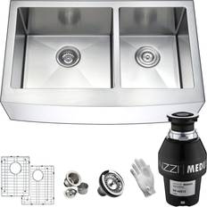 Stainless steel farmhouse sink Anzzi Elysian Farmhouse Stainless Steel 60/40 Double Bowl Kitchen Sink Garbage