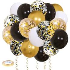 Zesliwy Black Gold Confetti Balloons 50 pack 12 Inch Gold White and Black Confetti Balloons with Ribbons for Graduation Birthday Wedding Party Decorations