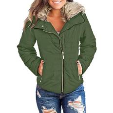 Vetinee Women Faux Fur Lapel Zip Pockets Quilted Parka Jacket