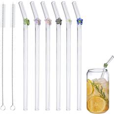 Straws Reusable Glass Straw with Flower with Cleaning Brush