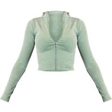 PrettyLittleThing Acid Wash Khaki Seamless Ribbed Zip Up Cropped Sports Jacket