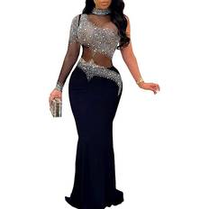 High Collar - Long Dresses Porrcey Rhinestone Dress - Black