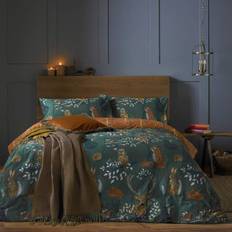 Cotton Bed Linen Furn Forest Fauna Emerald Double Duvet Cover Green