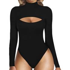 Mangopop Womens Sexy Cutout Front T-shirt Long Sleeve Short Sleeve Bodysuit Jumpsuits - B Long Sleeve Black