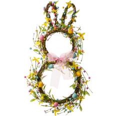 GlitzHome Bunny Shaped Wreath with Eggs & Pink Satin Ribbon Bow Easter Decoration 24.5"