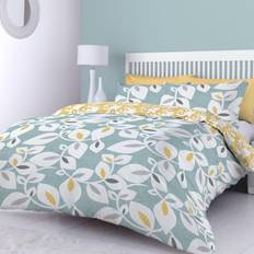 Green Bed Linen Catherine Lansfield Inga Leaf Duvet Cover Green, Blue, Grey, Yellow