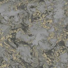 Wallpapers Muriva Metallic Ripple Liquid Marble Charcoal Grey Gold Shimmer Wallpaper