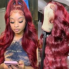 MUPRETTY 13x4x1 Bleached Knots Body Wave Lace Front Wig 30 inch 99J Burgundy