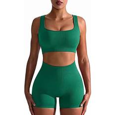 OQQ Ribbed High Waist Leggings with Sports Bra Set - Green