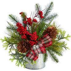 Holiday Winter Pinecones, Berries, Greenery & Plaid Bow