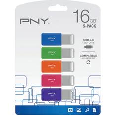 Minneskort & USB-minnen PNY USB 2.0 flashenheter, 16 GB, blandade färger, paket med 5