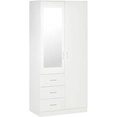 White Storage Homcom Mirror Wardrobe with Adjustable Shelf, Hanging Rail &3 Drawers