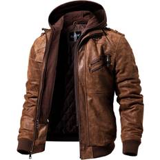 6XL - Leather Jackets Flavor Men's Motorcycle Jacket with Removable Hood - Brown