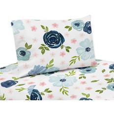 Sweet Jojo Designs Navy Watercolor Floral Bed Sheet White, Blue, Green, Pink