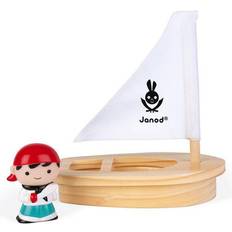 Bois Jouets de bain Janod J04712 Wasserspritzer "Pirat mit Holzboot" Piratenschiff aus Holz