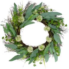 White Decorations Northlight 23" Green & White Olive Leaf & Floral Twig Spring Wreath