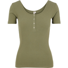 Coton - Femme Chemisiers Pieces Kitte Ribbed Short Sleeved Top - Olive