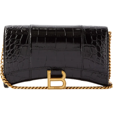 Balenciaga Hourglass Shiny Mock Croc Chain Wallet - Black