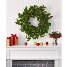 Decorative Items Nearly Natural Wreaths Green Green & Red Holly Wreath Decoration