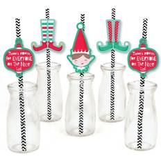 Elf Squad Paper Straw Decor Kids Elf Christmas and Birthday Party Striped Decorative Straws Set of 24