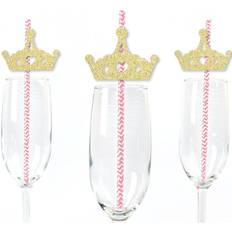 Big Dot of Happiness Gold Glitter Princess Crown Party Straws No-Mess Real Glitter Cut-Outs & Baby Shower or Birthday Party Paper Straws Set of 24