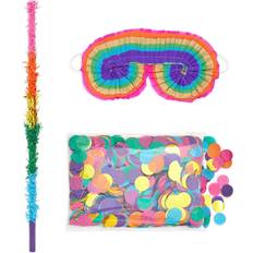 Blue Panda 30-Inch Rainbow Pinata Stick with Blindfold and Round Confetti for Birthday Party Supplies