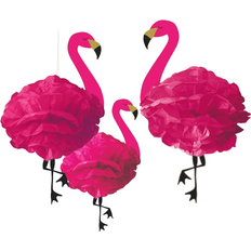 Vaaleanpunainen Pomponit Amscan Pom Poms Fluffy Hanging Flamingo 3-pack