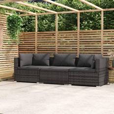 vidaXL 3-Seater Grey Poly Rattan With Cushions Canapé d'extérieur