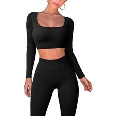 Pink - Sportswear Garment Jumpsuits & Overalls OQQ Women Ribbed Long Sleeve Tops High Waist Leggings Yoga Set 2-pack