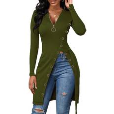 Slim Blouses Lyaner Women's Zip Up V Neck Long Sleeve Top