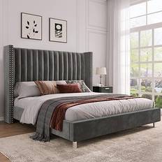 King tufted bed frame PaPaJet King Tufted Upholstered Platform with Raised Wingback Headboard